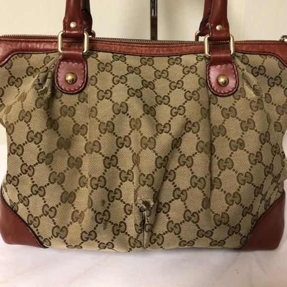 Gucci GG Canvas Sukey Beige Dark Red Top Handle - Picture 7 of 8